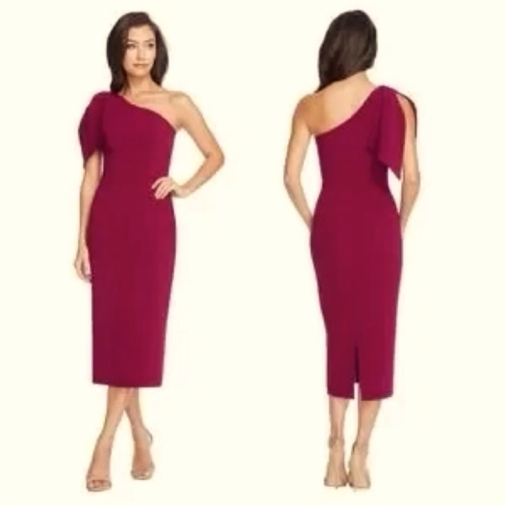 One shoulder and dark red Dress the Population cocktail semi-formal midi dress